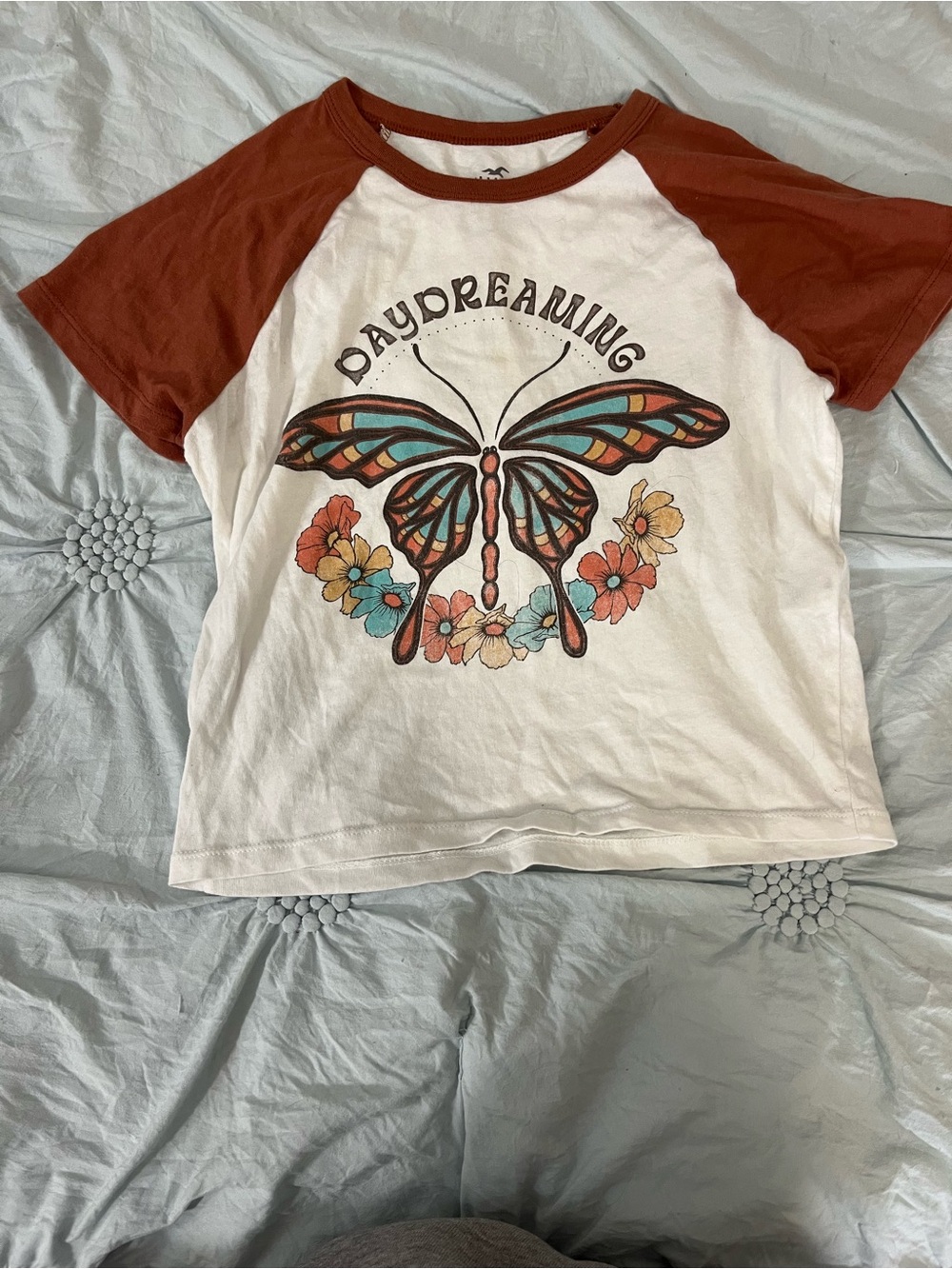 Hollister White Tee with Rust Raglan Sleeves and Butterfly Graphic